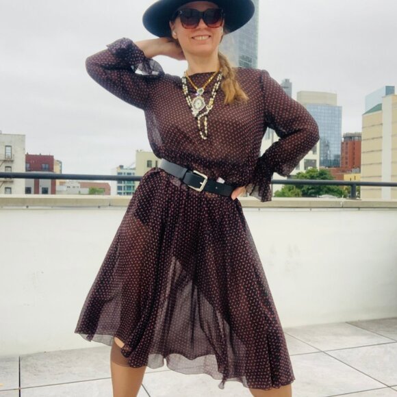 🌸 Philosophy Sheer Midi Dress Micro Floral Print Ditzy Black - Picture 7 of 16